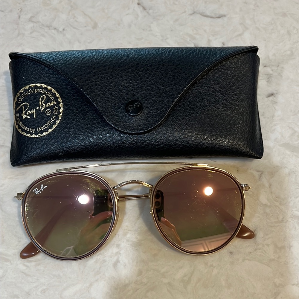 Ray-Ban Gold and Brown Round Sunglasses RB3647N